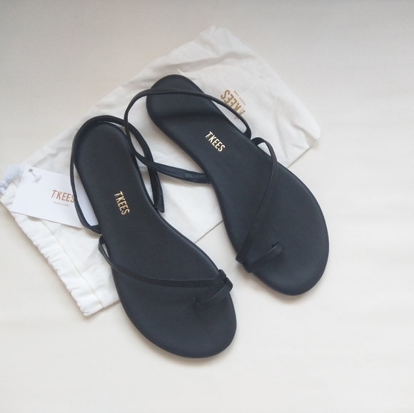Tkees LC Sandals Leather Black Slingback Strappy Flats 9 - Picture 9 of 15